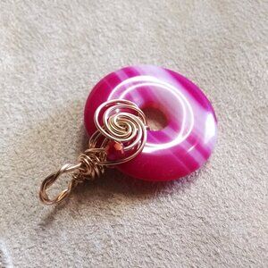 Candy Pink & White Banded Agate Donut Pendant - Gorgeous Girly Wire Wrapped Bail